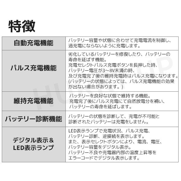 バッテリー充電器 12v パルス充電器 scp-1200 カーバッテリー充電器 バイク 自動車 パルス サルフェーション パルス充電｜hurry-up｜03