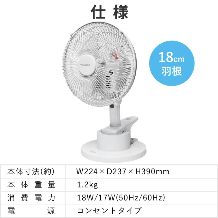 TEKNOS（テクノス） クリップ 扇風機 コンセント 式 小型 18cm 卓上 首