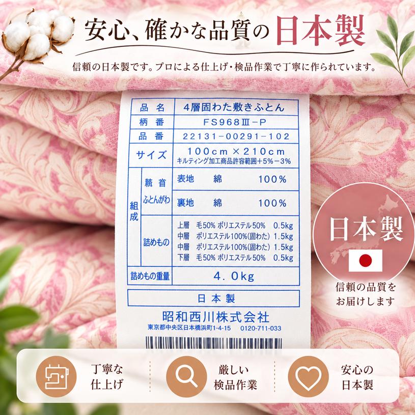 昭和西川 敷き布団 敷布団 しっかり 4層構造 シングル 固わた敷ふとん