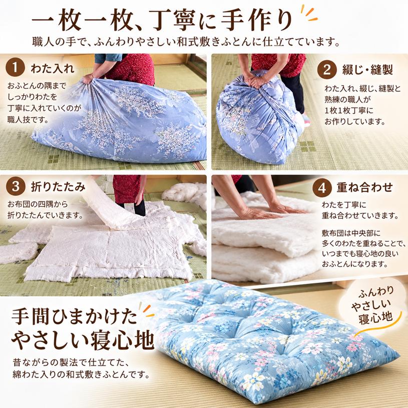 敷布団　敷き布団　シングル　和布団　綿布団　手作り　昔ながら　日本製 敷き布団 木綿敷布団 シングル 和式 和ふとん 綿わた100％ 敷きふとん