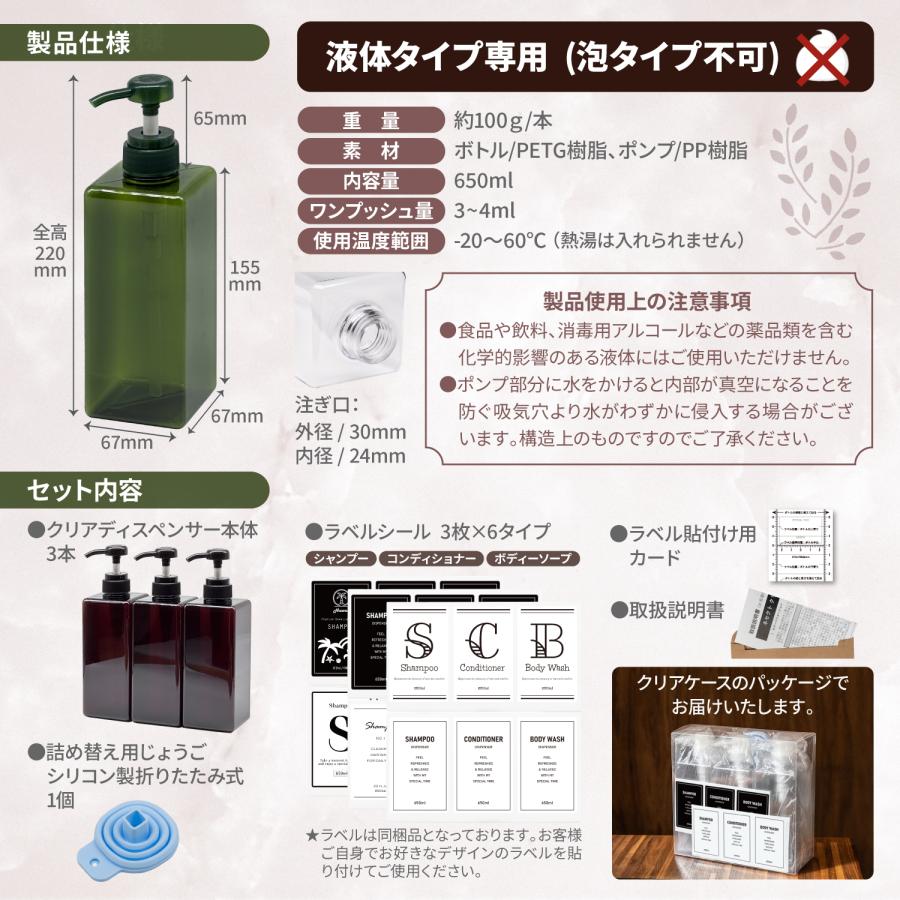 ネセクト] シャンプーボトル ディスペンサー 大容量650ml 3本セット