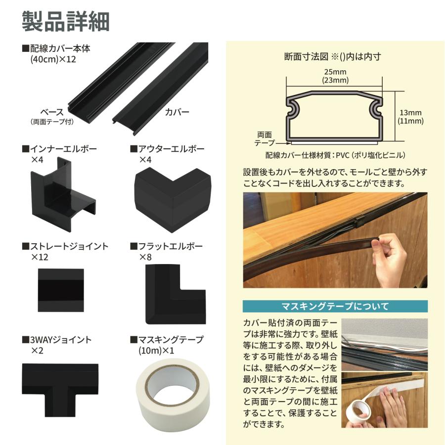 ネセクト] 配線カバーセット黒色 40cm 直線モール12本(4.8m