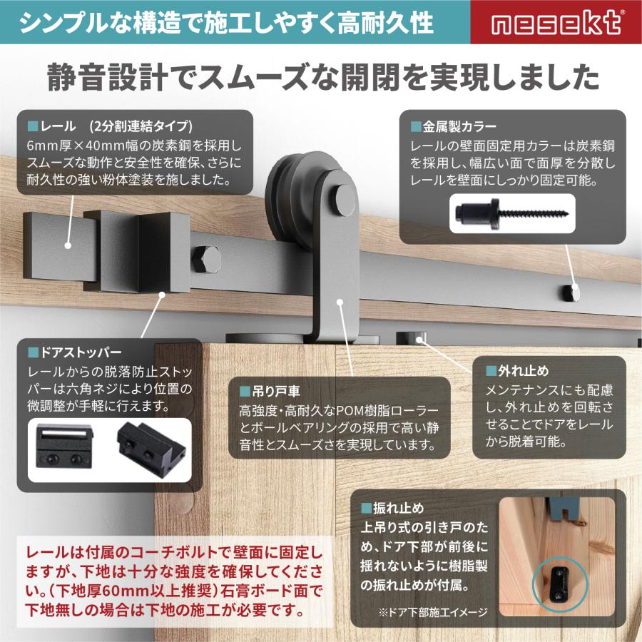 吊り引き戸レール ネセクト] 吊り引き戸レール DIYキット 6.6FT(約2,001mm) レールドア