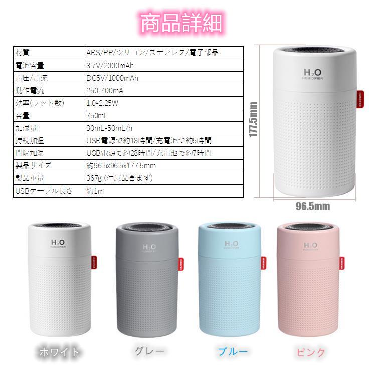 加湿器 超音波 卓上加湿器 750ml 超音波加湿器 2000mah電池式 USB充電 携帯 空焚き防止 車用 乾燥対策 LEDナイトランプ ペットボトル 次亜塩素酸水対応｜hw-seikatukan｜16