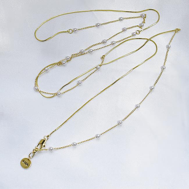重ねづけ ベビーパール スネークチェーン ロング ネックレス ゴールド