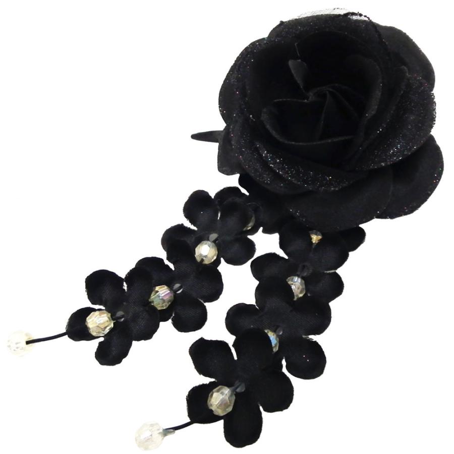 和風コサージュ ヘアアクセサリー しだれ小花飾り 揺れる ラメ 黒 7z