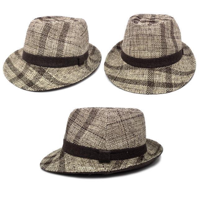 帽子 ハット 麻風素材の中折れハット ステッチチェック柄 57cm