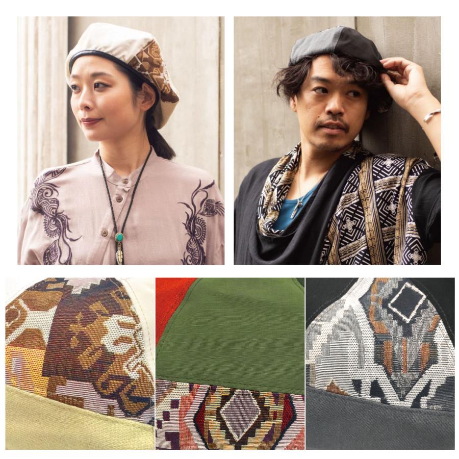 ベレー帽 大きい BIG 無地＆ジオメトリック柄 58cm-60cm ヒモつき