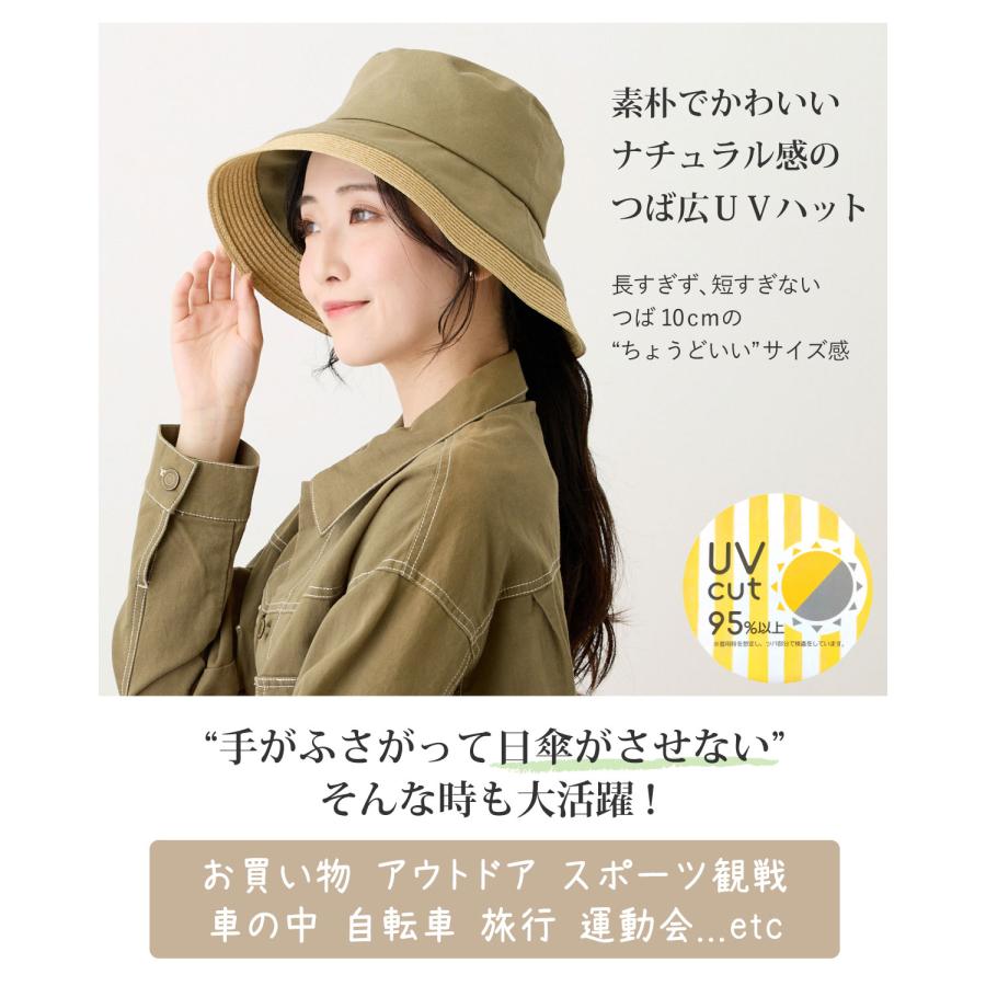 つば広 ハット UV95%カット 洗える 日傘帽 布地×ブレード つば10cm hat