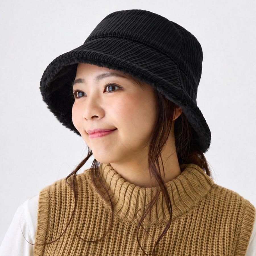 防寒帽子 リバーシブル ハット ファー＆コーデュロイ素材 2way