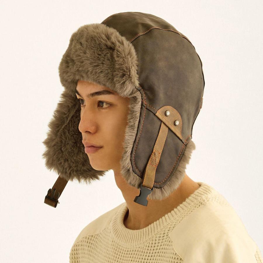 防寒 メンズ 帽子 BIG 耳あて 2WAY ファー フライトキャップ レザー調