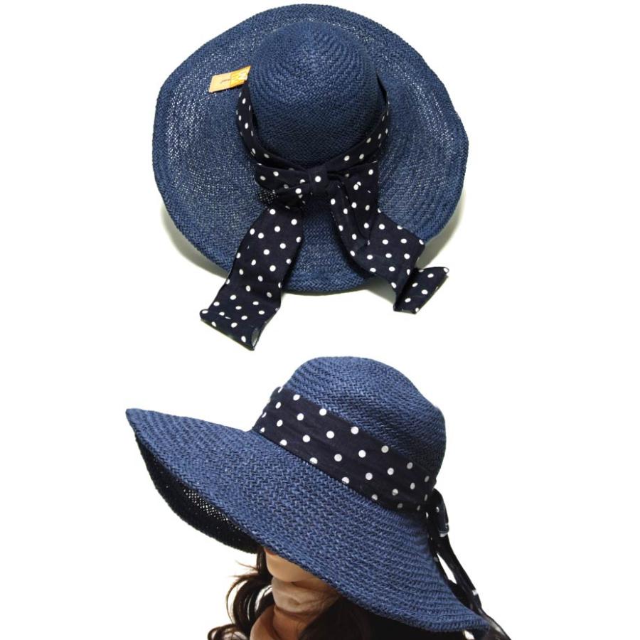 つば広 ハット 麦わら帽子風 軽くて涼しい つば12cm 水玉リボン 帽子  