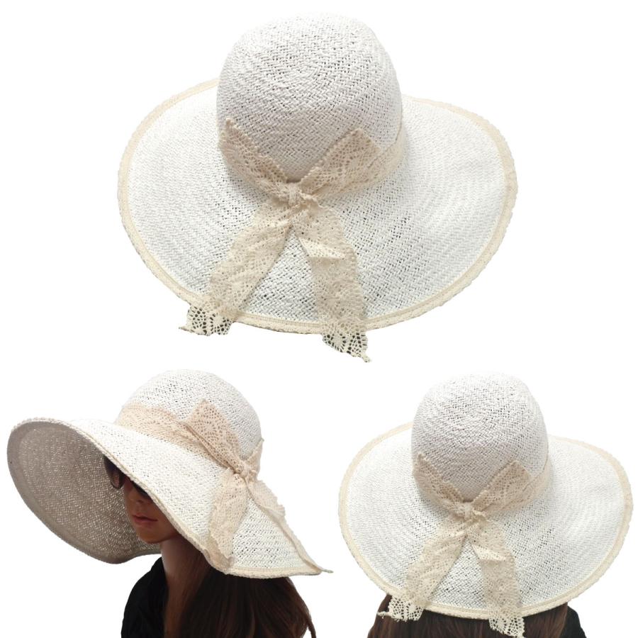 つば広 ハット 帽子 軽くて涼しい 麦わら風 メッシュ編み レースリボン