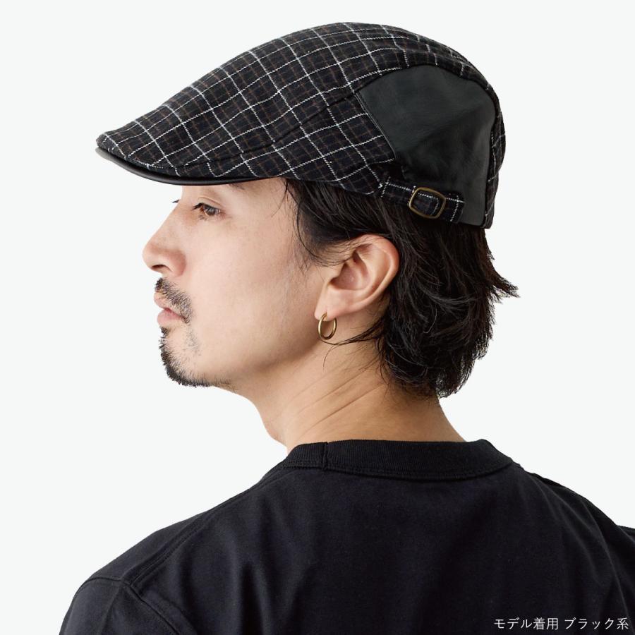 チェック柄 ハンチング 帽子 レザー調切り替え 秋冬 56cm-60cm サイズ