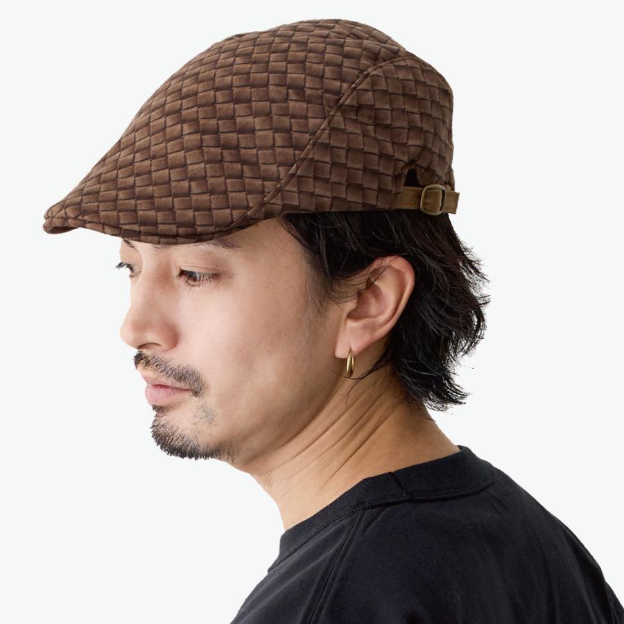 ハンチング 帽子 メンズ レザー編みこみ風 2Dプリント 56cm-61cm