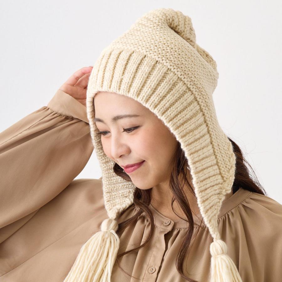 耳あて付き フード ニット帽 レディース 揺れるタッセル付き 民族風