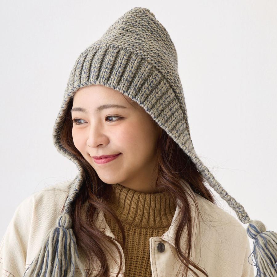 耳あて付き フード ニット帽 レディース 揺れるタッセル付き 民族風