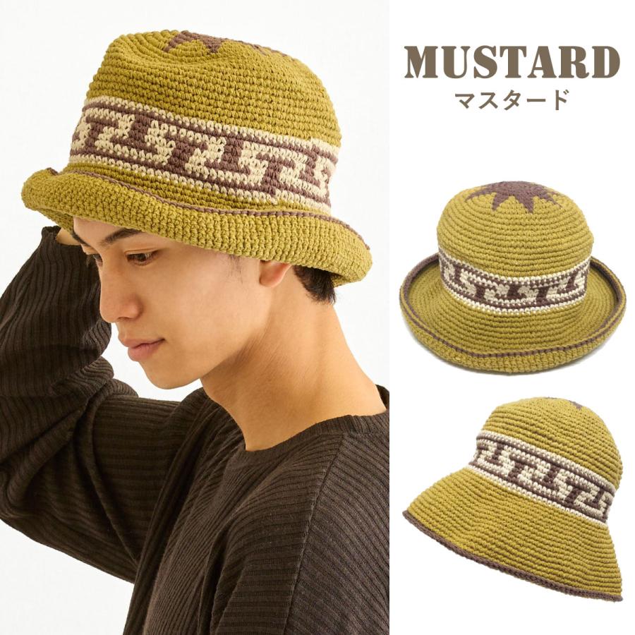 コットン ニットハット ネイティブ柄 綿100％ 手編み 帽子 2way 深め