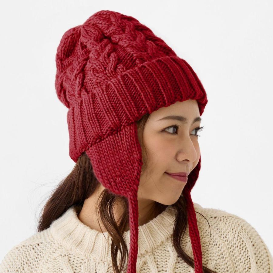 耳あて帽子 ニット帽 ケーブル編み 洗濯機で洗える 揺れる紐つき 秋冬