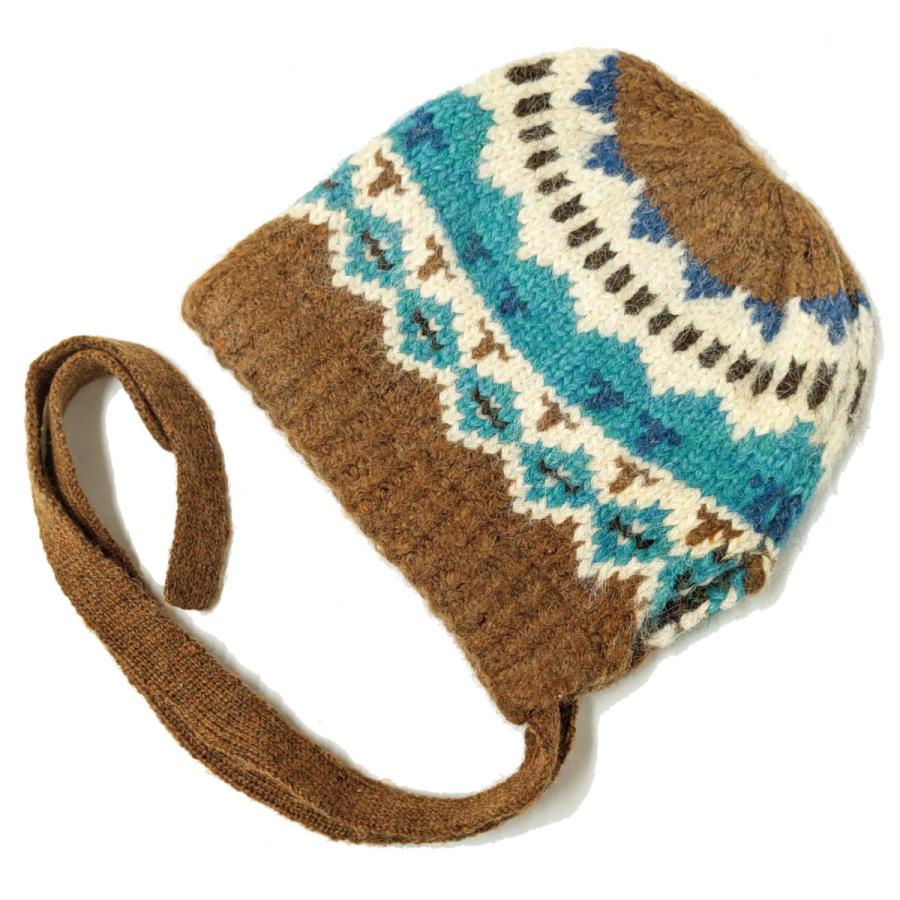 フード ニット帽 耳あて付き 帽子 ウール混 ノルディック柄 レディース