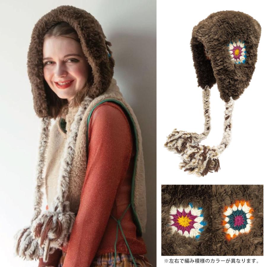 フード 帽子 ファー ニット帽 耳あて付き クロッシェ編み ウール混 耳