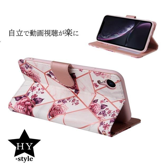 手帳型  iPhoneケース　 薔薇　バラ　アイフォン12 ケース　SE2　12mini pro MAX 11 XS XR   落下防止　大理石風 ストラップ付き 　花柄 　携帯　スマホカバー｜hy-style｜02