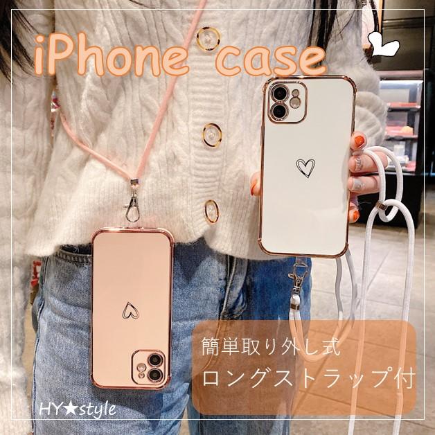 iPhone スマホ ショルダー 付き クリア ハート 柄 ワンポイント