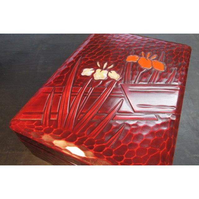 螺鈿細工 漆器 文箱 昇峰作 菖蒲/アヤメ 硯箱 小物入れ 伝統工芸品 鎌倉彫菖蒲八橋螺鈿文箱 手文庫 茶道具 書道具 木製 彫刻 螺鈿技法 色