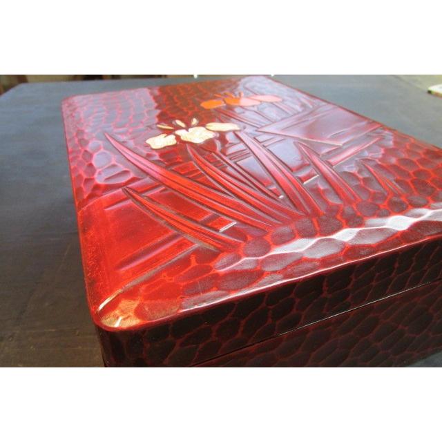 鎌倉彫菖蒲八橋螺鈿文箱 手文庫 茶道具 書道具 木製 彫刻 螺鈿技法 色