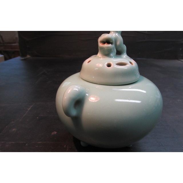 高木鳳子 京焼青磁双耳獅子摘み香炉 茶器 茶道具 陶芸 陶器 青磁