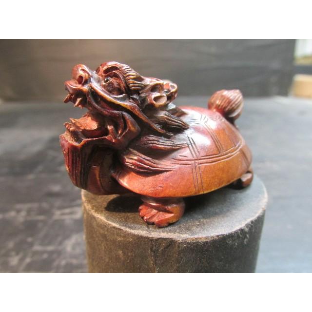 柘植無銘木彫龍亀（ろんぐい） 木製 精巧 彫刻 聖獣 木彫り 小品 置物