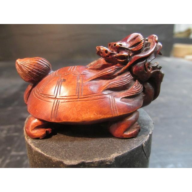 柘植無銘木彫龍亀（ろんぐい） 木製 精巧 彫刻 聖獣 木彫り 小品 置物 
