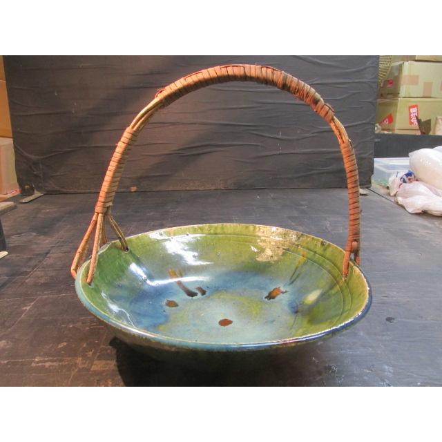 岡崎隆雄 織部 手付 菓子鉢 手鉢 菓子器 青織部 共箱 陶器 陶芸 作家