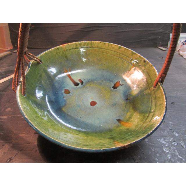 岡崎隆雄 織部 手付 菓子鉢 手鉢 菓子器 青織部 共箱 陶器 陶芸 作家