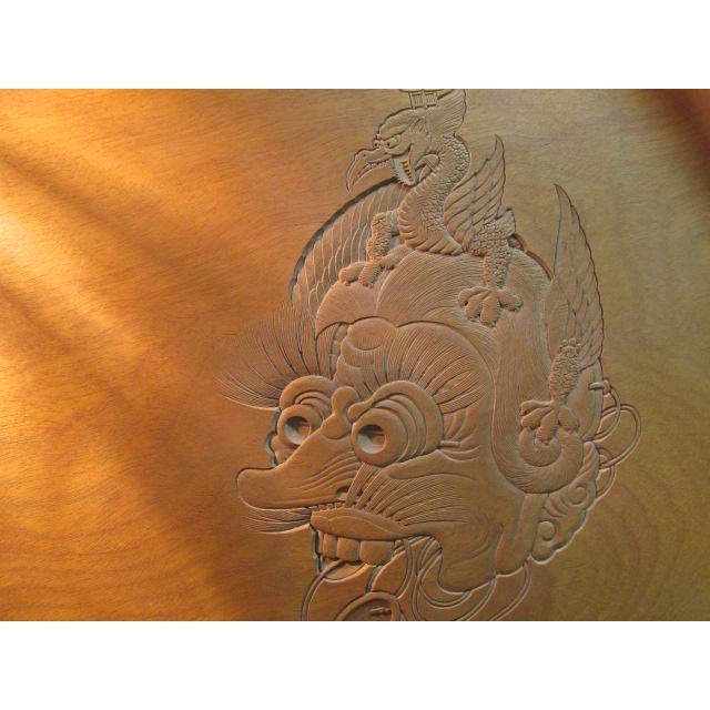 雲崖刀 欅杢 彫レリーフ厳島神社蘭陵王仮面超大型木盆 約45