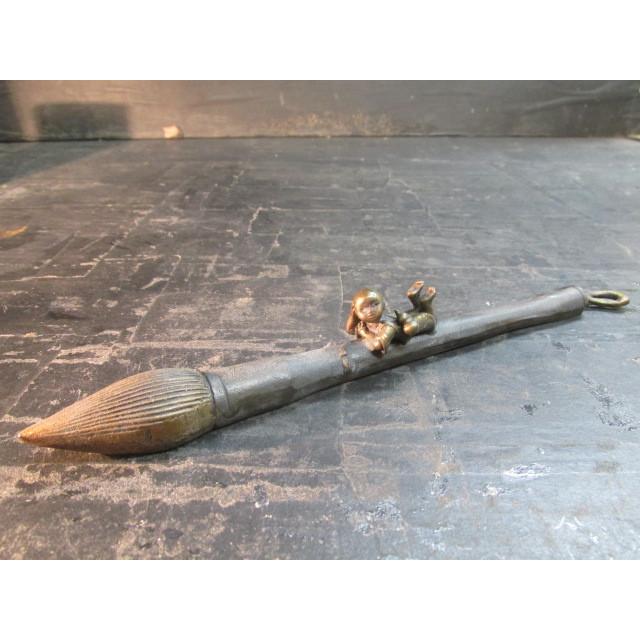 瑞峰堂 下尾治彦 青銅製 筆形唐子「ひととき」文鎮 高岡銅器 作家 共箱