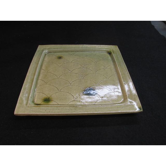 大嶋久興 子の日窯 黄瀬戸 青海波文 角皿 四方皿 共箱 陶器 陶芸 作家  