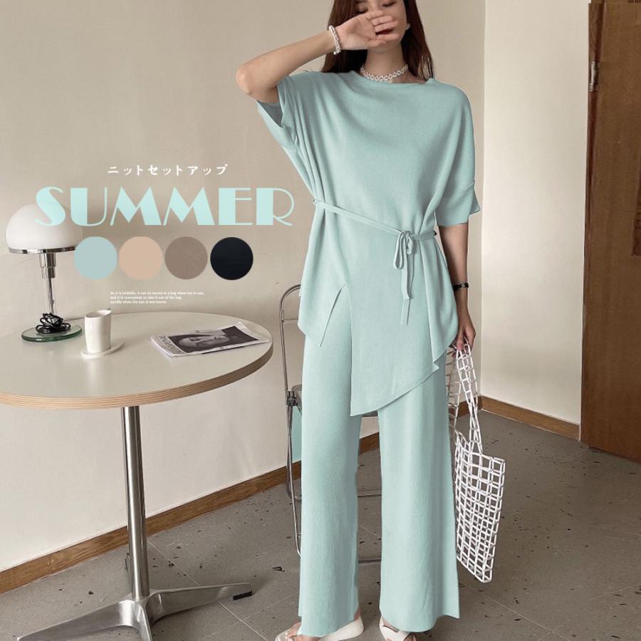 ニットセットアップ 冷感タッチ サマーニット ワイドパンツ 2点セット ゆったり セットアップ スリット 薄手