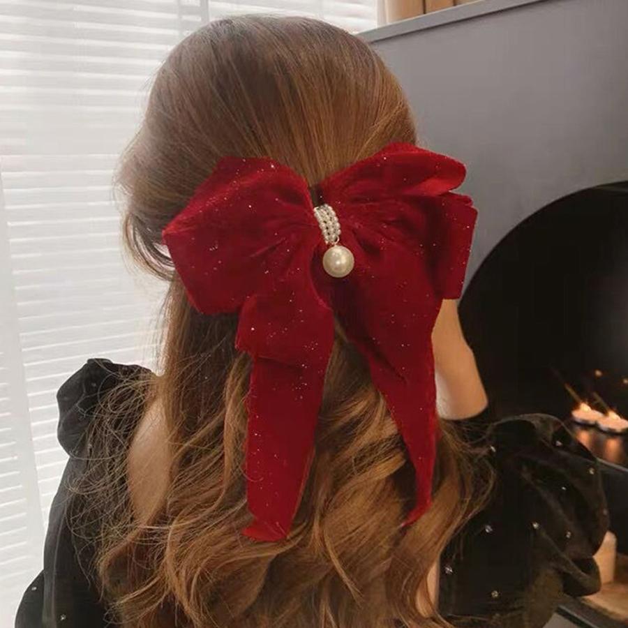 ビッグ リボンバレッタ ヘアアクセサリー キラキラベロア 大きめリボン