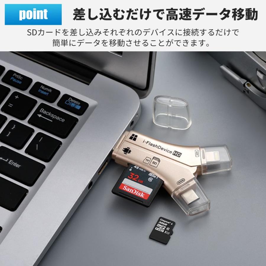 SD カードリーダー マルチ USB iPhone スマホ PC パソコン メモリー データ移行 iPad android pc windows Mac typec デジカメ カメラ 高速 挿すだけ｜hyp｜05