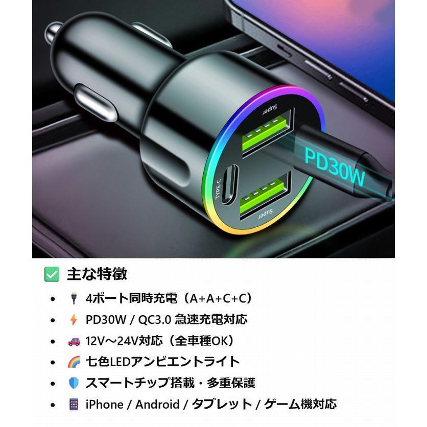 7色LED/4穴/最強シガーソケット】充電器 USB TYPE-C TYPE-A NEK ☆REVL