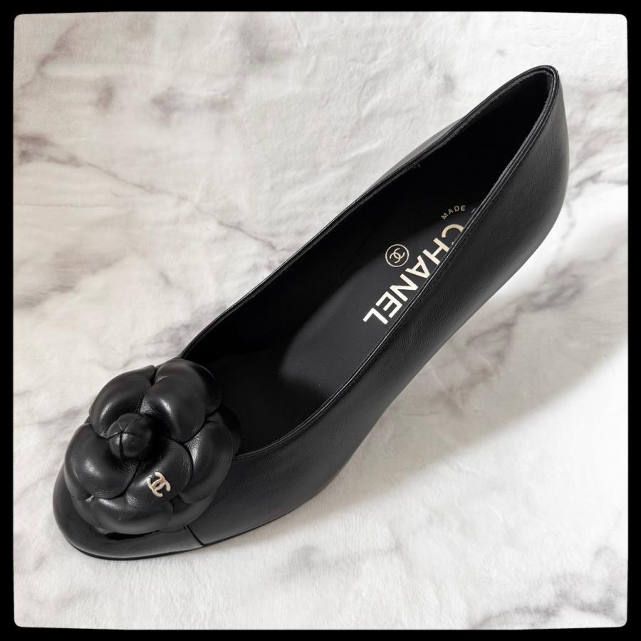 シャネル【新品】直営店購入 パンプス カメリア ヒール 靴 ブラック 黒