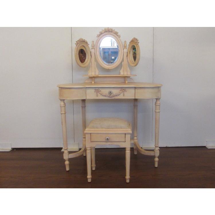 【送料無料】アンティーク調 　三面　ドレッサー　シャビー　アイボリー | 