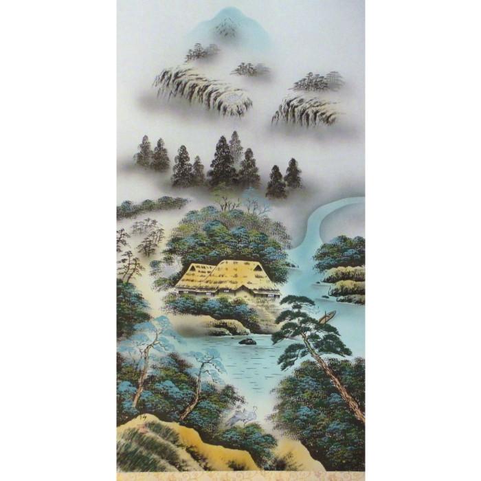 【送料無料】掛け軸 彩色山水 尺八 紙箱付 掛軸 年中掛け 吉祥軸 床の間 贈答品 プレゼント |  | 01