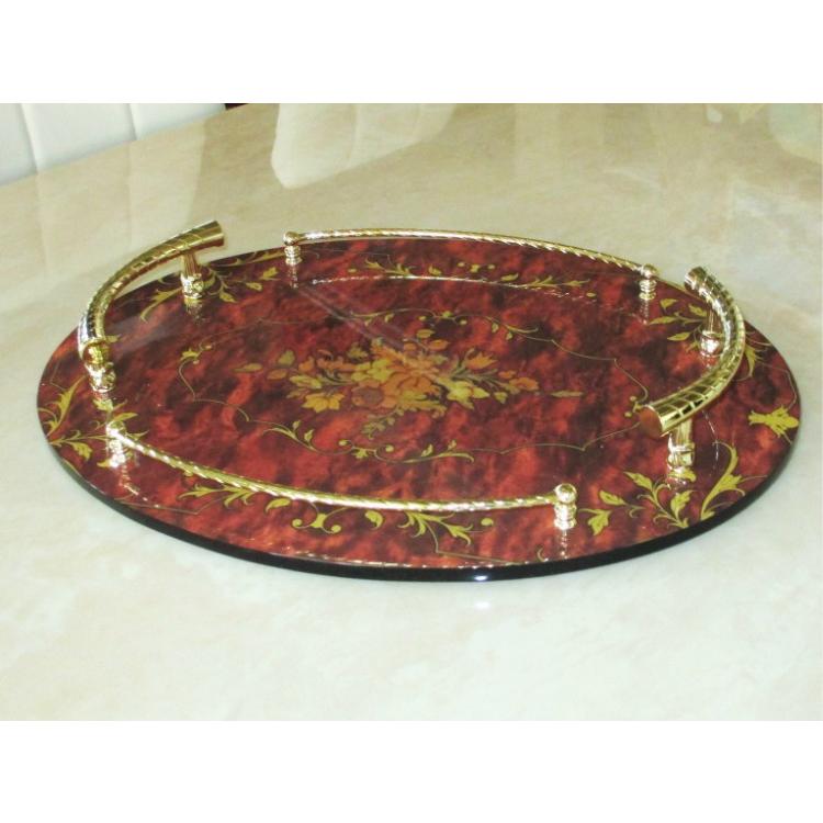 トレー 木製 取手付 象嵌模様 楕円形 ブラウン×ゴールド | 