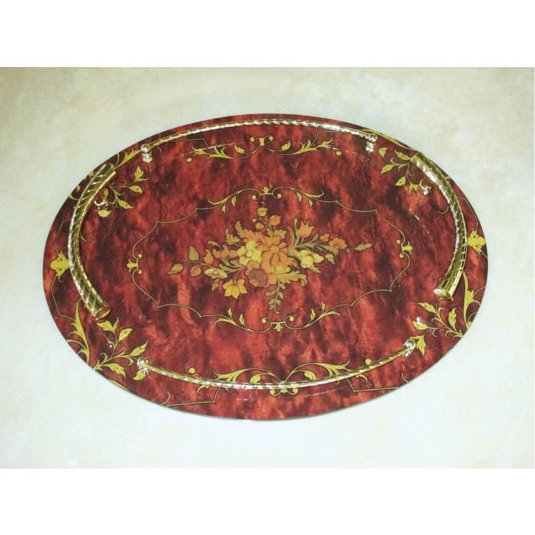 トレー 木製 取手付 象嵌模様 楕円形 ブラウン×ゴールド |  | 01