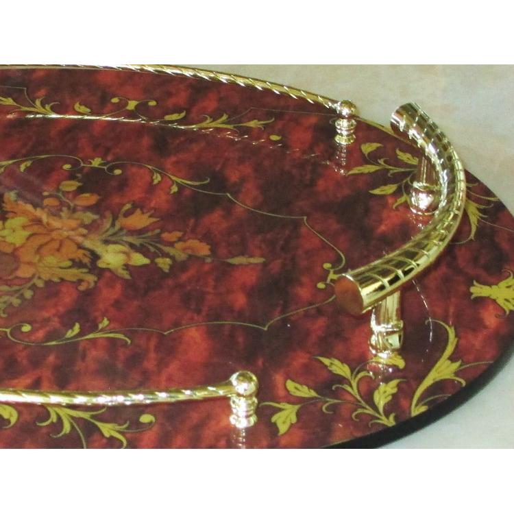 トレー 木製 取手付 象嵌模様 楕円形 ブラウン×ゴールド |  | 02