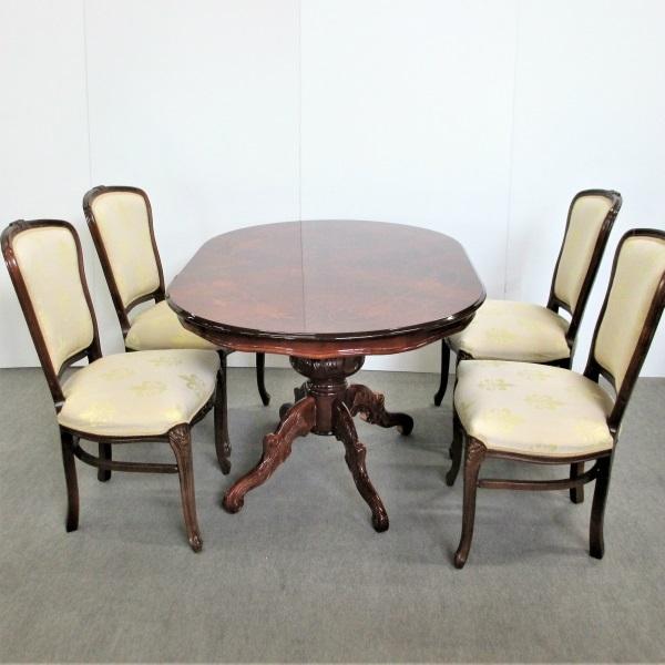イタリア製 象嵌入り ダイニングセット 5点 135cm 楕円型 オーバル 一本脚 クラシック家具 送料無料 開梱設置付き |  | 01