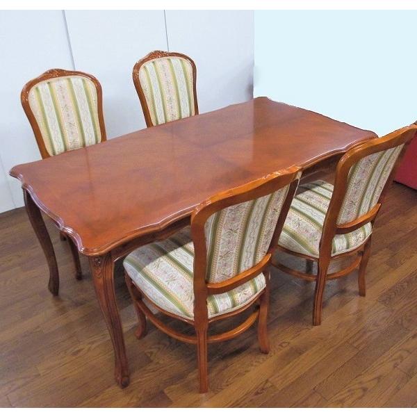 無垢材 ダイニングテーブルセット 5点 フィオーレ 155cm グリーンストライプ ヨーロピアン クラシック ロココ調 送料無料 開梱設置付 |  | 01