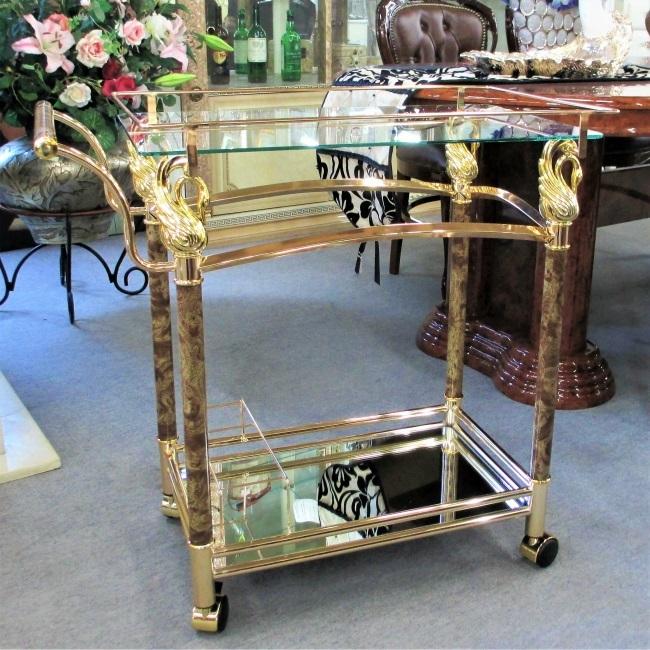 ワゴン ゴールド ウォールナット調 ガラス天板 キャスター付き アンティーク クラシック 輸入家具 トローリーワゴン 送料無料 |  | 01